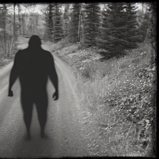 Image similar to a trailcam photo of bigfoot, grainy, vintage, partially obscured