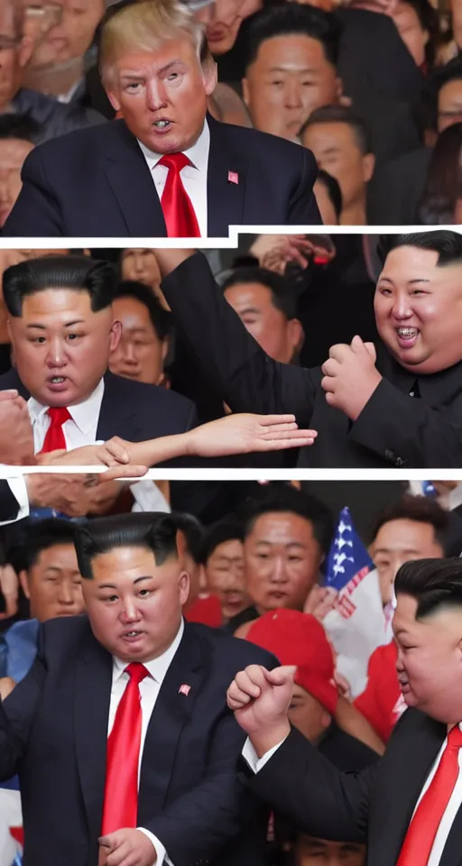 Prompt: blurry cell phone recording of donald trump punching kim jong un in the face