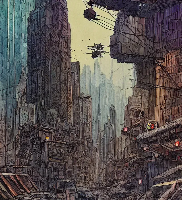 Image similar to a watercolor ink painting of a post - apocalyptic new - york underground in the style of jean giraud in the style of moebius trending on artstation deviantart pinterest detailed realistic hd 8 k high resolution