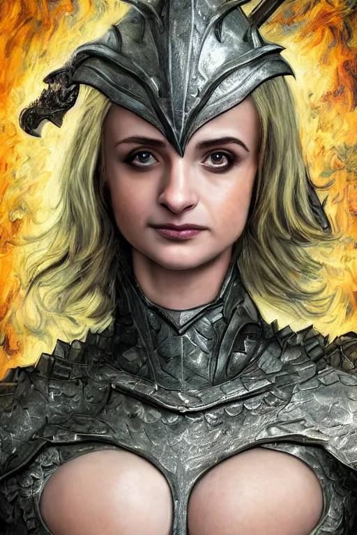 Image similar to A fantasy comic book style, composite portrait painting of Joey King, Cory Chase as an Atlantean, Reptilian Warrior, Mystical Valkyrie, Armor, Sword, Spear, Sheild, François Boucher, Oil Painting, unreal 5, DAZ, hyper realistic, Photorealistic, octane render, Regal, Refined, Coherent, Detailed Digital Art, RPG portrait, William-Adolphe Bouguereau, Michael Cheval, Walt Disney (1937), Steampunk, golden dappled lighting, dynamic lighting, Highly Detailed, Cinematic Lighting, Unreal Engine, 8k, HD