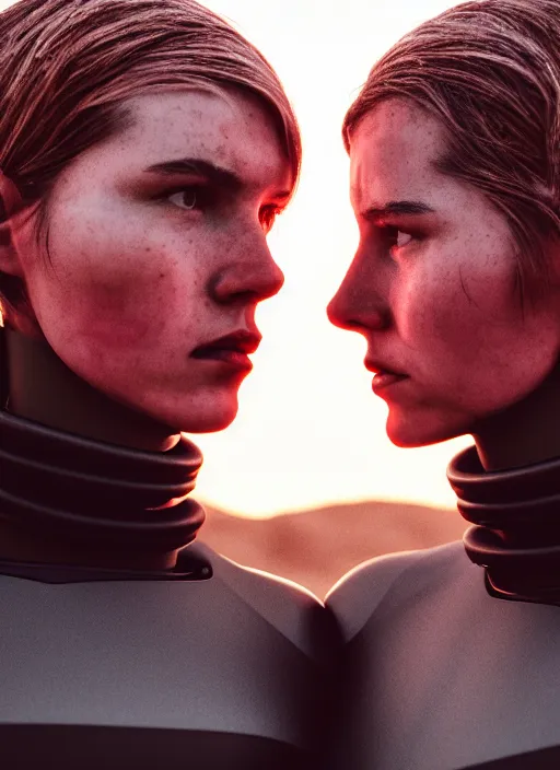 Image similar to cinestill 5 0 d photographic portrait of two loving female androids wearing rugged black techwear on a desolate plain with a red sky, extreme closeup, cyberpunk style, dust storm, 8 k, hd, high resolution, 3 5 mm, f / 3 2, ultra realistic faces, ex machina, by ashley gilbertson