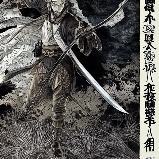 Image similar to a handsome golden Vagabond magic swordsman glides through a beautiful battlefield dramatic esoteric pen and ink illustrated in high detail by Hiroya Oku and Tatsuki Fujimoto