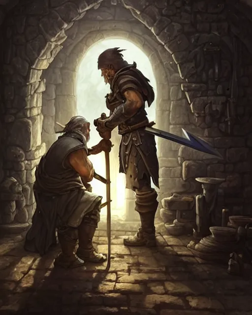 Image similar to an old blacksmith forging his final sword, his sad with grief and in pain from old injuries, his wall depicts his best weapons, deep focus, D&D, fantasy, intricate, elegant, highly detailed, digital painting, artstation, concept art, matte, sharp focus, illustration, hearthstone, art by Artgerm and Greg Rutkowski and Alphonse Mucha