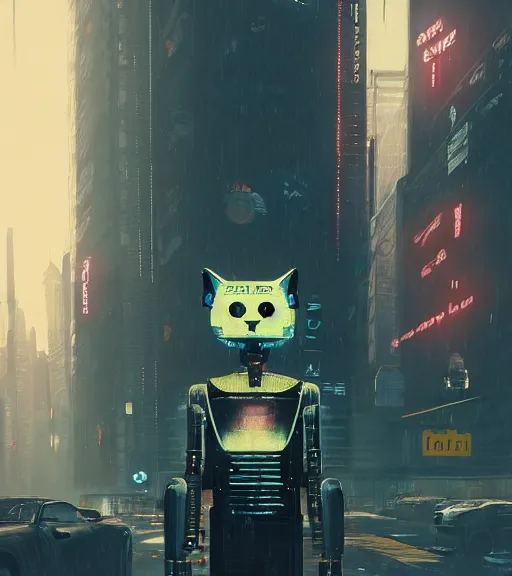 Image similar to new york city portrait of furry anthro anthropomorphic stylized cat head android service droid robot machine fursona wearing gloomy rainy screenshot from the video game cyberpunk 2077 digital art by Greg Rutkowski, Simon Stalenhag, christopher nolan trending on Artstation, CGSociety