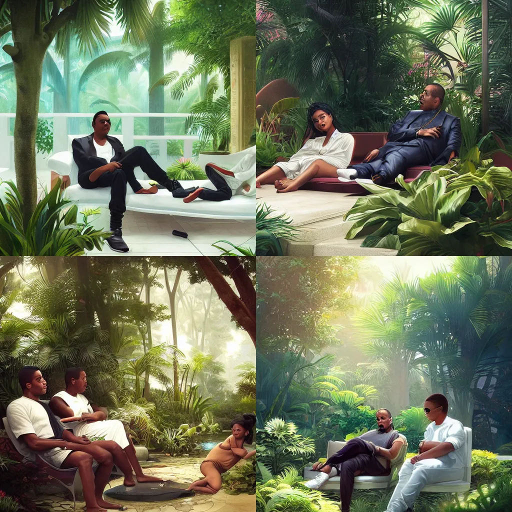 Prompt: Nasir bin Olu Dara Jones sitting next to JayZ in a lush singaporean garden, luxurious, octane render, smooth, sharp focus, illustration, by WLOP and Mandy Jurgens and William-Adolphe Bouguereau