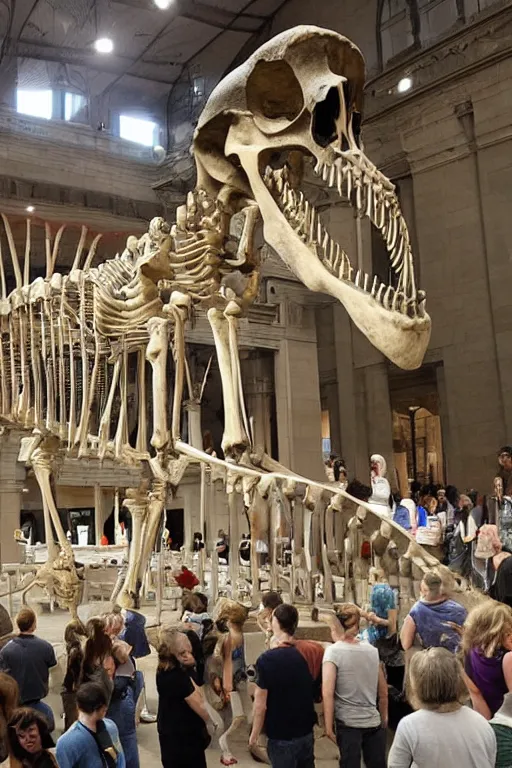 Prompt: complete skeleton of a dinosaur surrounded by museum visitors. museum photograph.