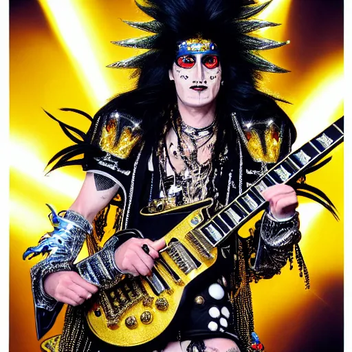 Image similar to uhd photorealistic detailed image of max voltage, the rock and roll emperor, dressed as a hair metal emperor, powering up, wearing extremely intricate rock and roll emperor costume and emperor makeup, with an emperor's electric guitar, by ayami kojima, amano, and karol bak