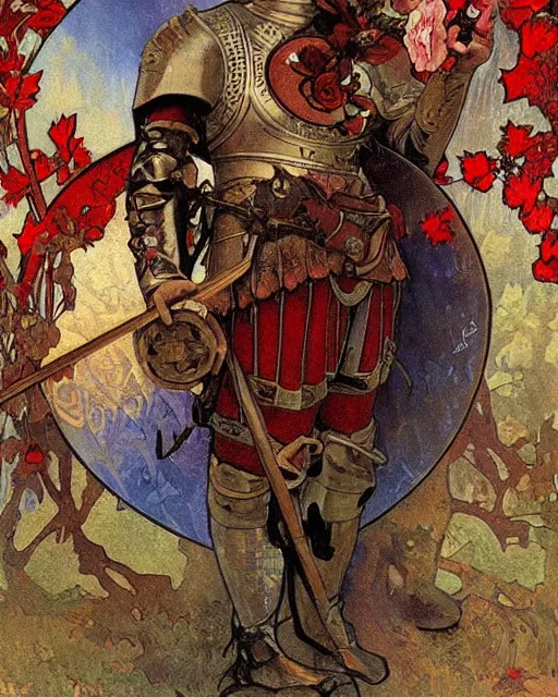 Prompt: A highly realistic painting of a knight with a rose pattern on his armor, red armour with blue pattern, deep moody colors, by Alphonse Mucha, autumn forest