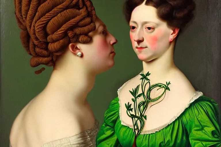Image similar to franz szony style : a wonderful realistic closed portrait of woman with a majestic intricate and bizarre intertwined ramifications of leaves hairstyle and a semi transparent green cotton dress - h 7 6 8