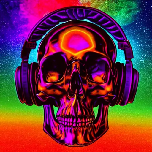 Image similar to human skull with headphones, retrowave, synthwave, psychedelic background with sacred geomerty elements in style of alex gray, digital art, artstation