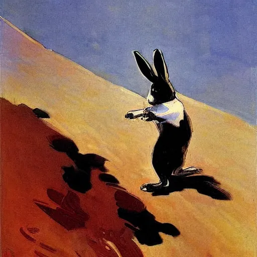 Image similar to panic attack rabbit riding a rocket by joaquin sorolla