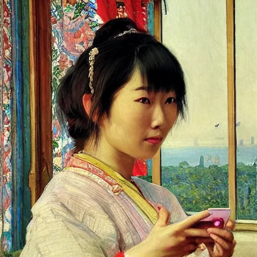 Prompt: portrait of asian beautiful woman watching smartphone masterpiece painting by vasnetsov and surikov, JEAN-VICTOR BERTIN, by Terence Cuneo, detailed, artfully traced, 4k resolution, cinematic