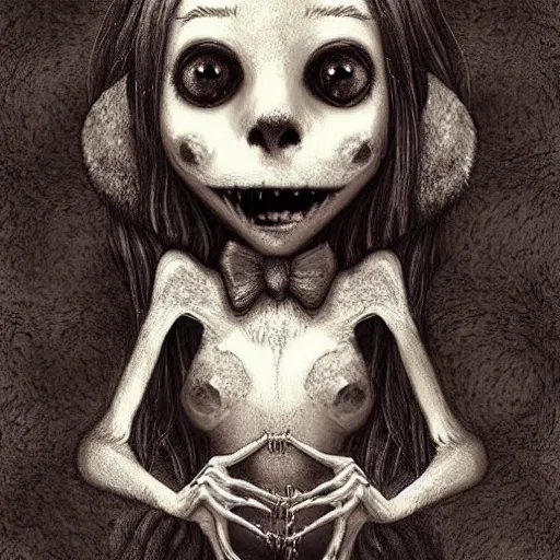 Image similar to grunge drawing of a cute teddy bear by - michael karcz , in the style of corpse bride, loony toons style, horror themed, detailed, elegant, intricate