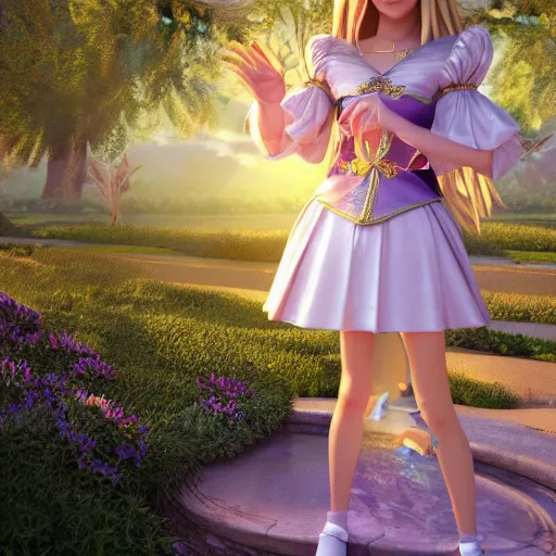 Image similar to a very detailed, ultra-realistic, pleasant, beautiful, funny, smooth 3D CG render, semirealistic anime style, close-up of a gorgeous, cute, gentle, noble priestess magician princess girl wearing dress and jewelry, in a glorious magic kingdom with castle and walls, relaxing calm vibes, fairytale, octane render