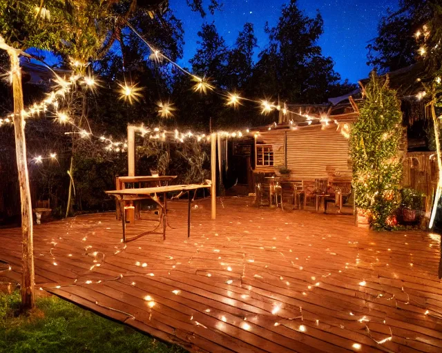 Prompt: a still photo of a backyard at night with fairy lights, house on the left side with wooden flooring, warm lighting, after party