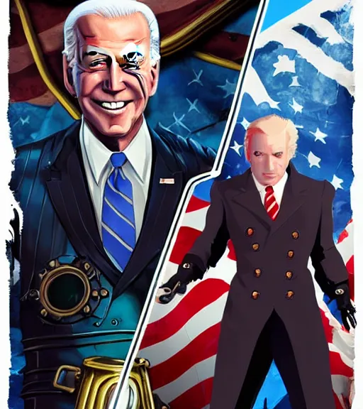 Prompt: joe biden cosplaying bioshock, by artgerm, by simon stalengrad, bioshock screenshot, steampunk, patriot