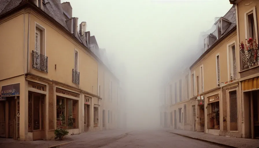 Prompt: 1 9 7 0 s movie still of a heavy burning french style townhouse in a small french village fog, cinestill 8 0 0 t 3 5 mm, heavy grain, high quality, high detail, dramatic light, anamorphic, flares