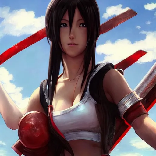 Image similar to tifa lockhart wearing yuffie kisaragi's outfit!!!, cg art, realistic, character select portrait, by artgerm, greg rutkowski, alphonse mucha, 3 d