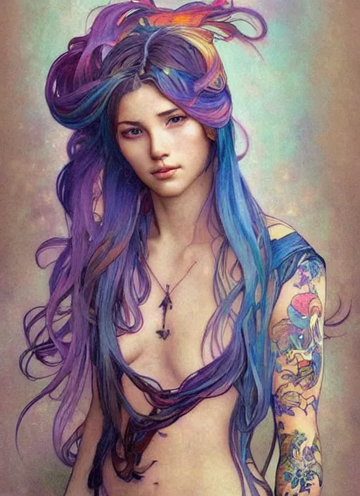 Prompt: a young woman with beautiful rainbow hair and lots of tattoos on her arms and chest. beautiful painting by artgerm and greg rutkowski and alphonse mucha