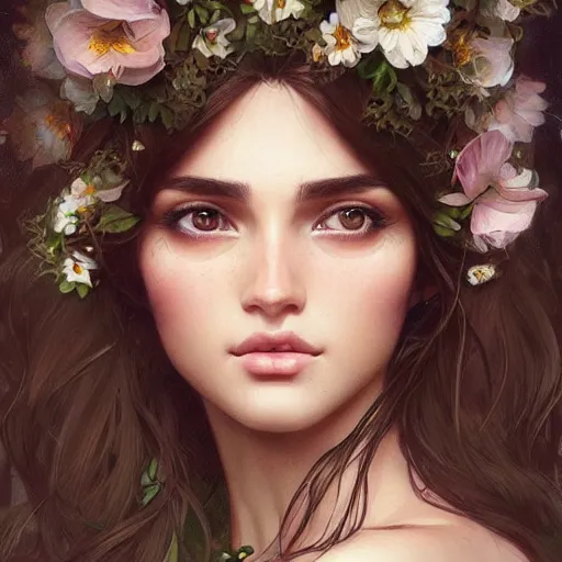 Image similar to Instagram Model with flowers in her hair, olive skin, long dark hair, beautiful bone structure, intricate, elegant, highly detailed, digital painting, artstation, concept art, smooth, sharp focus, illustration, art by artgerm and greg rutkowski and alphonse mucha