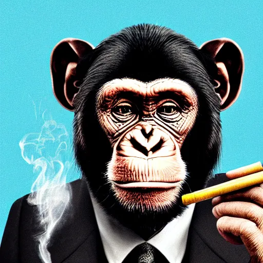 Image similar to a high detail portrait of a chimp wearing a suit 👔,and smoking🚬