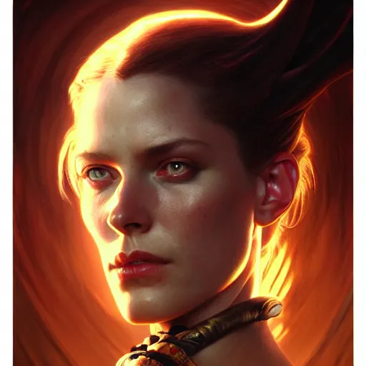 Image similar to portrait painting of a devil, the hell in the background, ultra realistic, concept art, intricate details, eerie, highly detailed, photorealistic, octane render, 8 k, unreal engine. art by artgerm and greg rutkowski and charlie bowater and magali villeneuve and alphonse mucha