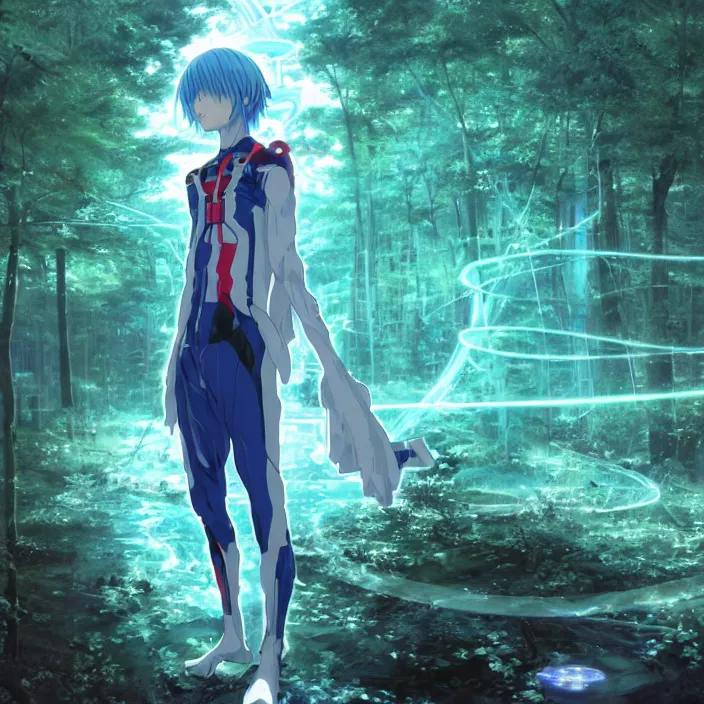 Image similar to rei ayanami, male anime character, in the woods, fractal, liminal space, Japan Lush Forest, technological rings, water dripping leaves blue rings faint turquoise glowing aura Leviathan awakening from Japan in a Radially Symmetric Alien Megastructure turbulent bismuth glitchart Luminism Romanticism by John William Waterhouse . Atmospheric Cinematic Environmental & Architectural Design Concept Art by Tom Bagshaw Jana Schirmer Jared Exposure to Cyannic Energy, Darksouls Concept art by Finnian Macmanus, Rei Ayanami, fractal recusion mandelbulb fractal wisdom acrylic pouring , by beeple, apophysis, aesthetic gradient, hyperdetailed landscape, sugar microscopic image, loop hole from Japan in a lush flora of water dripping leaves and echoing blue rings of sound emanating from the center of the screen with a faint turquoise glowing aura fractal pearlescent iridescent surrealist turbulent bismuth glitchart Luminism Romanticism by John William Waterhouse Beksinski Finnian MacManus Ruan Jia, cute anime girl with blue hair and red eyes, vtuber, lain iwakura, Hi-Fructose, Artstation, HD, HDR, High Resolution, 1024x1024