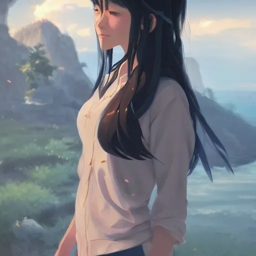 Image similar to beautiful young asian woman with long hair, realistic, detailed, cel shaded, in the style of makoto shinkai and greg rutkowski and james gurney