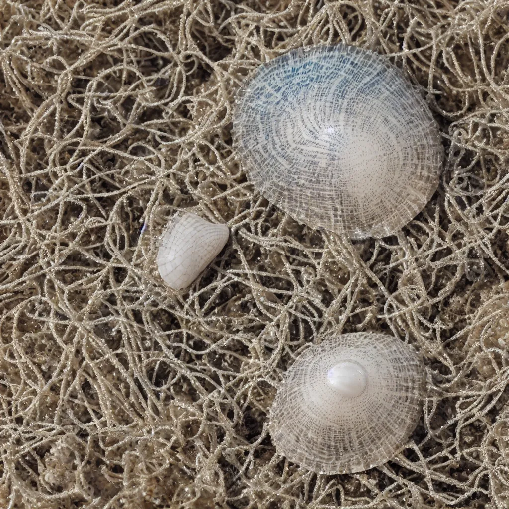 Image similar to geometric single sea shell by ernst haeckel, modeled in 3 d, closeup, cinema 4 d render, beach sad background, clear focus, very coherent, very detailed