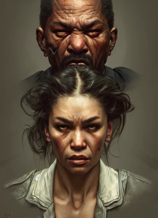 Image similar to violent criminal mugshot!!!, gangster, ugly, brutal, highly detailed, digital painting, artstation, concept art, wallpaper, smooth, sharp focus, illustration, art by artgerm and greg rutkowski and alphonse mucha