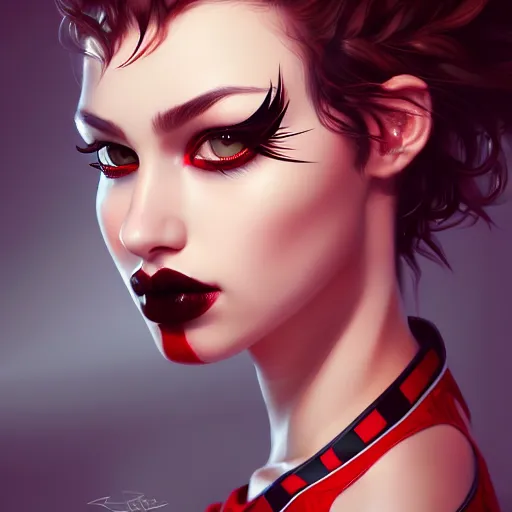 Image similar to a realistic illustration portrait of a beautiful cute girl with curly black and red hair, a pointy nose and, round chin black eyeliner, trending on artstation, hyper - realistic lighting, intricate, ross tran