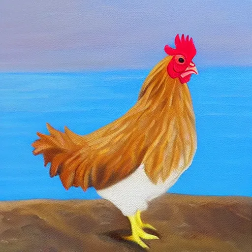 Prompt: oil painting of a chicken on the edge of a cliff