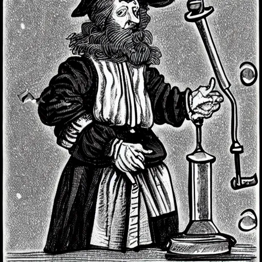 Image similar to a 17th-century alchemist who has 2 bubbling potion bottles :: black and white, head and torso drawing, very high quality, concept art