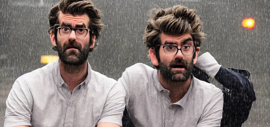 Image similar to rhett and link crying in the middle of the road while its raining
