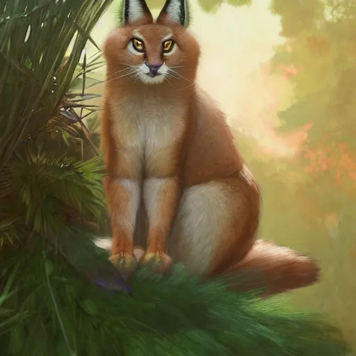 Prompt: a digital art of cute fluffy caracal near a wooden barrel lying at the side, at after noon, green and warm theme, by krenz cushart and mucha and akihito yoshida and greg rutkowski and makoto shinkai, long shot, back lighting, detailed eyes, 4 k resolution, trending on art station