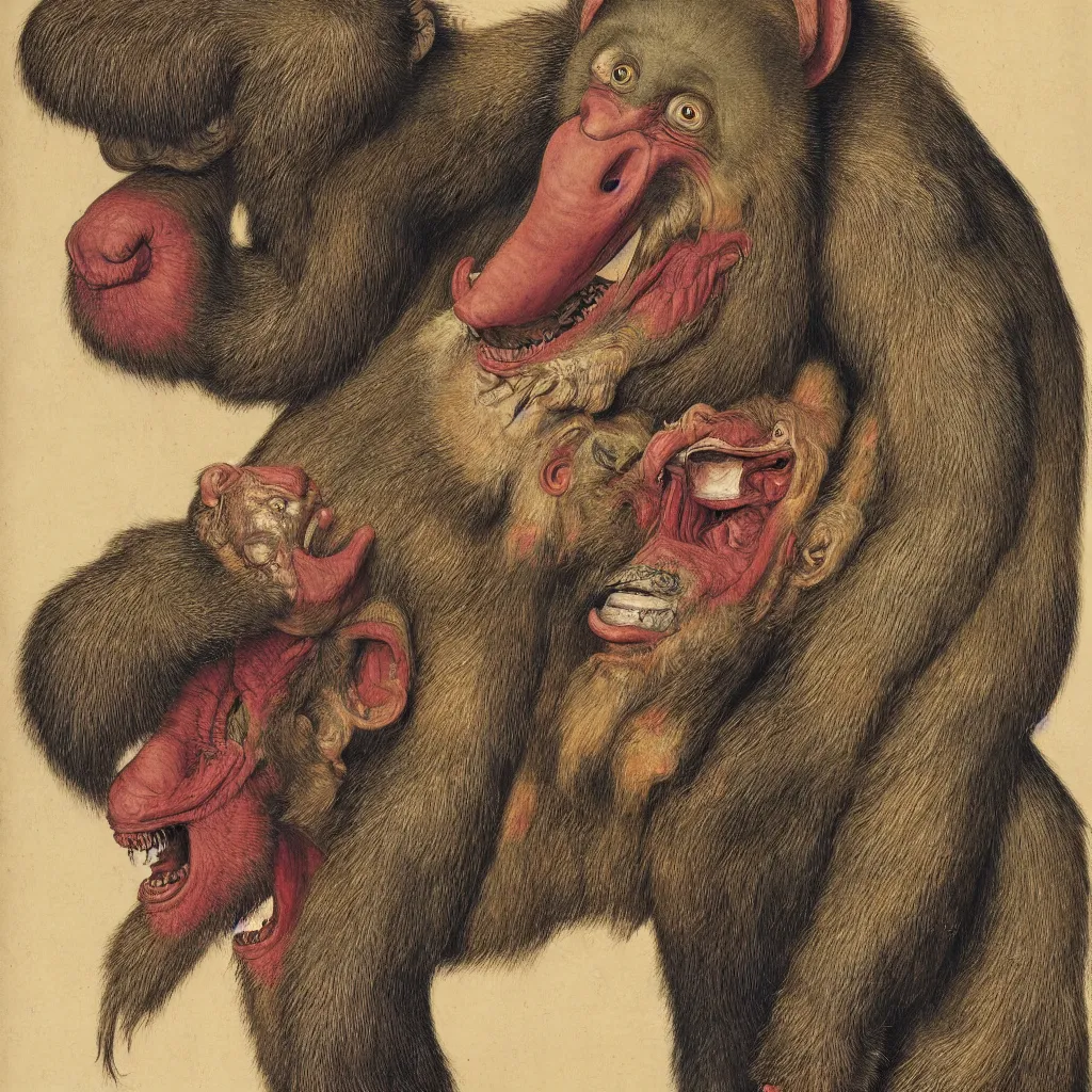 Image similar to close up portrait of a mutant monster creature with colorful mandrill - like nose, baldness, needles portruding through the cheeks, painted forehead, medusae beard. jan van eyck, walton ford