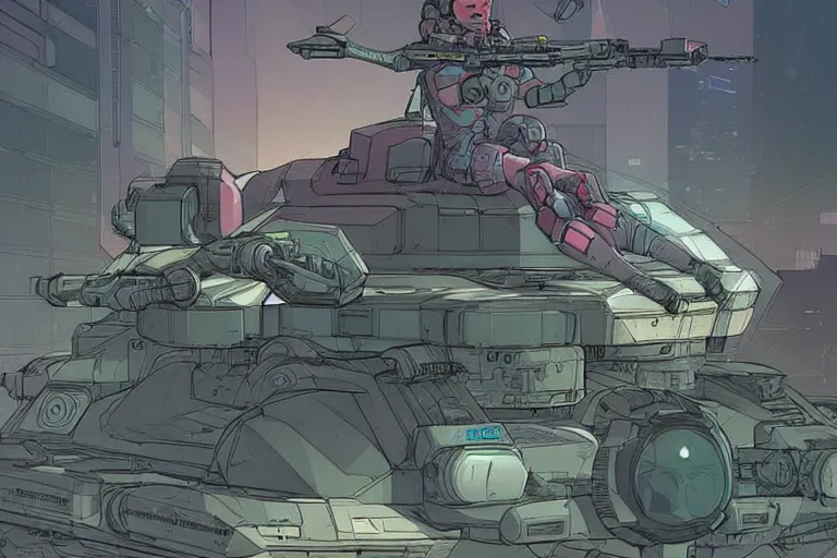 Prompt: comic book illustration, an android soldier sits on the turret of a futuristic tank, cyberpunk concept art by josan gonzales and Moebius, highly detailed, intricate, sci-fi, sharp focus, Trending on Artstation HQ, deviantart