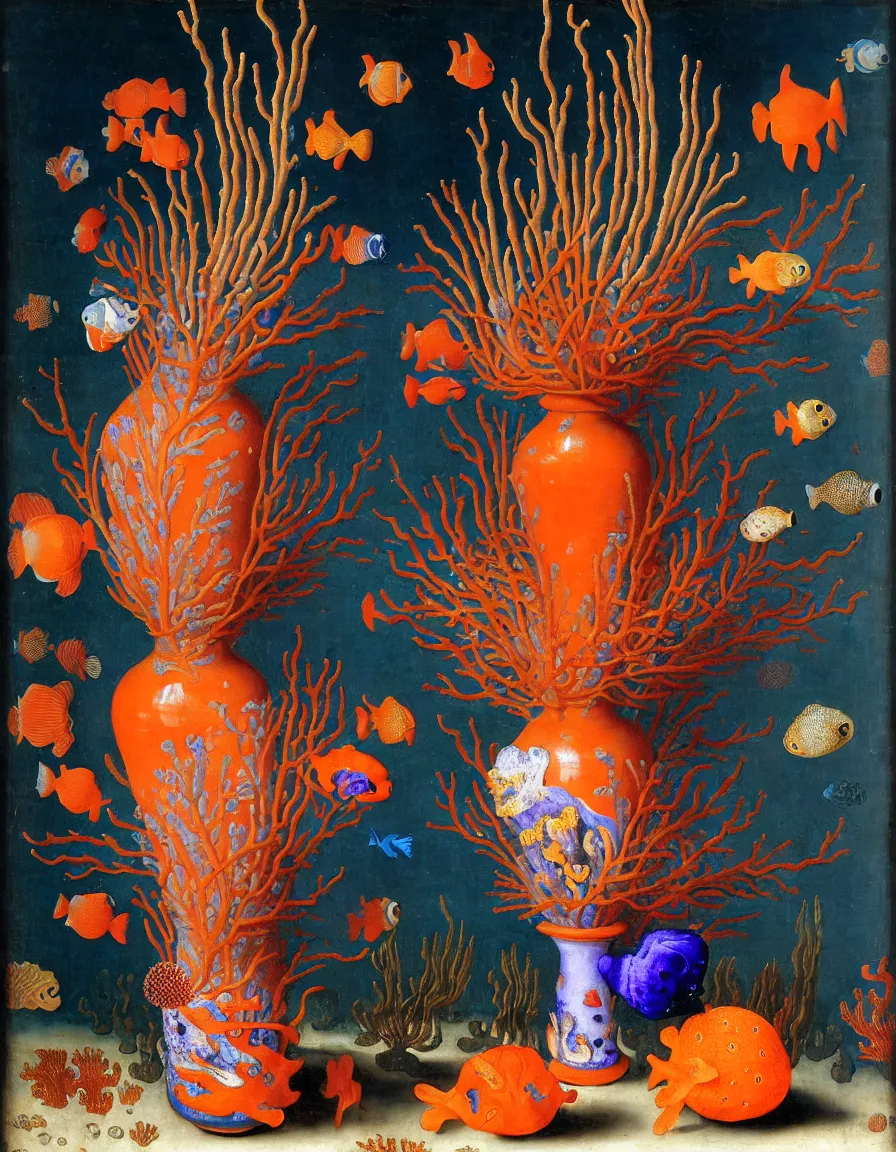 Image similar to bottle vase of coral under the sea decorated with a dense field of stylized scrolls that have opaque outlines enclosing mottled blue washes, with orange shells and purple fishes, ambrosius bosschaert the elder, oil on canvas