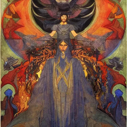 Image similar to war between the house of crows and the house of moths, by Annie Swynnerton and and Nicholas Roerich and Diego Rivera, symbolist, dramatic lighting, embroidered brocade robes, god rays, rich colors,smooth, sharp focus, extremely detailed
