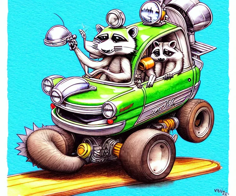 Image similar to cute and funny, racoon wearing a helmet riding in a tiny hot rod with oversized engine, ratfink style by ed roth, centered award winning watercolor pen illustration, isometric illustration by chihiro iwasaki, edited by range murata, tiny details by artgerm and watercolor girl, symmetrically isometrically centered, sharply focused