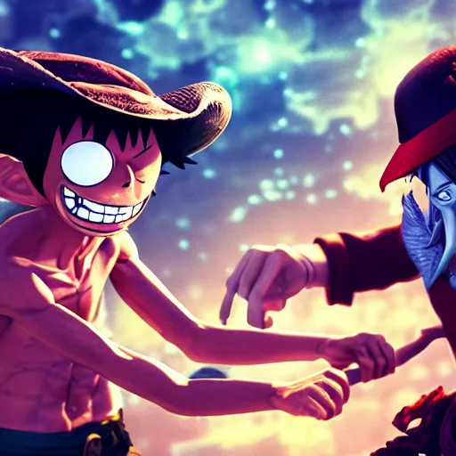 Prompt: monkey d luffy fighting an alien in a steampunk city, night, realism, 4 k, octane render, award winning photograph, epic cinematic shot, perfectly defined features, ambient occlusion