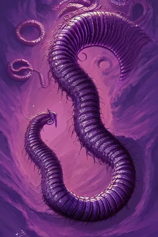 Image similar to giant purple worm is visible in the back, fantasy, intricate, elegant, highly detailed, digital painting, artstation, concept art, smooth, sharp focus, illustration, art by Jovan Delic