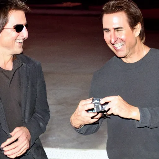 Image similar to tom cruise and nicholas cage racing remote control airplanes