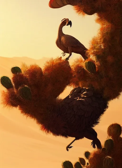 Prompt: A dodo bird perched atop a cactus in the desert, digital art, trending on Artstation, high detail, sharp focus, illustration, art by artgerm and greg rutkowski and alphonse mucha.