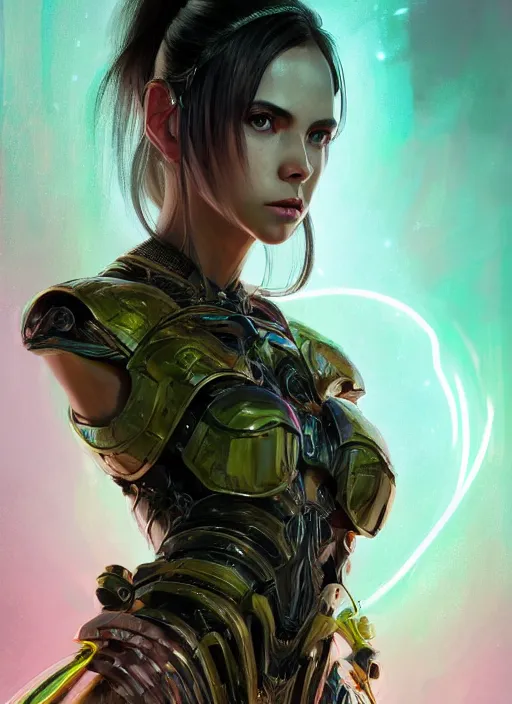 Image similar to a professional portrait of a beautiful young female, clothed in electric neon armor, olive skin, long dark hair, beautiful bone structure, symmetrical facial features, intricate, elegant, digital painting, concept art, smooth, sharp focus, finely detailed, illustration, from Valerian and the City of a Thousand Planets, by Ruan Jia and Mandy Jurgens and Artgerm and William-Adolphe Bouguerea