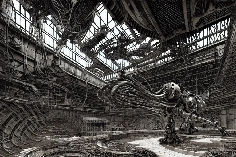 Image similar to dieselpunk huge robotic dragonfly, inside an gigantic underground concrete doom hangar, interior structure, drains, storm drains, jungle, vines, algea, cables, panels, walls, ceiling, floor, doors, brutalist architecture, intricate ink drawing, highly detailed in the style of Ashley Wood, moebius and Tsutomu Nihei, photorealistic, cinematic, intricate detail, well lit,