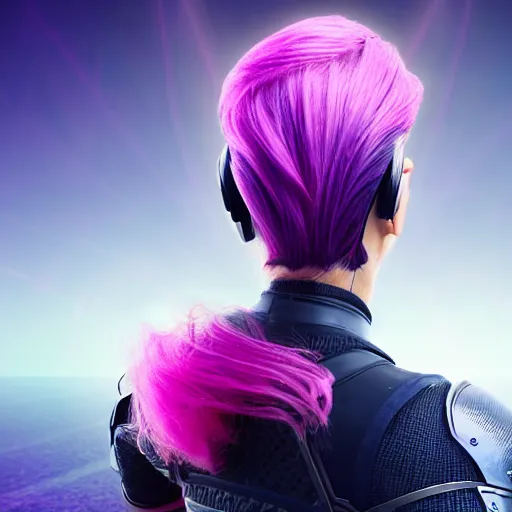 Image similar to a award winning action upper body portrait of a beautiful woman with a ombre purple pink hairstyle with head in motion and hair flying while wearing futuristic navy blue bodyarmor and pauldrons, outrun, vaporware, highly detailed, fine detail, intricate