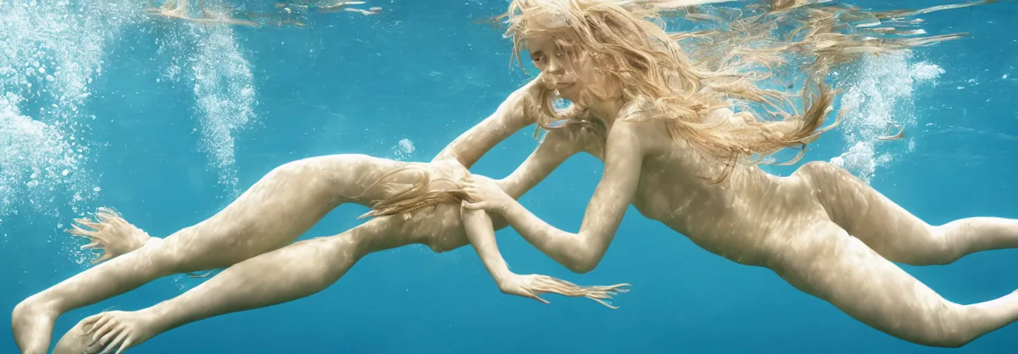 Image similar to beautiful blonde female diving underwater while solving complex math equations, 4k, photorealistic