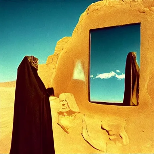 Prompt: levitating bene gesserit with full - face golden mask meeting salvador dali in a dry rocky desert landscape, visible sky and sunny atmosphere, fata morgana and giant square mirrors by alejandro jodorowsky, anamorphic lens, kodakchrome, practical effects, masterpiece, 8 k -