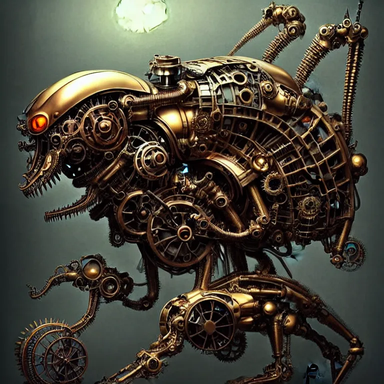 Image similar to biomechanical shiny steampunk vehicle reminiscent of fast sportscar with robotic parts and (glowing) lights parked in ancient lush palace, gothic and baroque, brutalist architecture, ultradetailed, creepy ambiance, fog, artgerm, giger, Intricate by Ellen Jewett and Josan Gonzalez and Giuseppe Arcimboldo